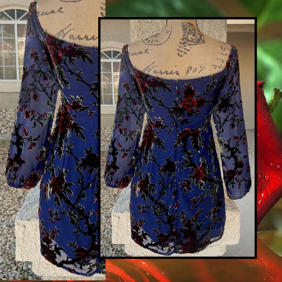 Lulus Magnificent Charm Navy Floral Burnout Velvet Off-the-Shoulder Dress Siz XL - Picture 5 of 12